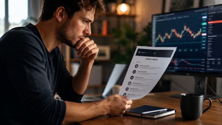 Trader revisando reglas de payout antes de confiar en una prop firm