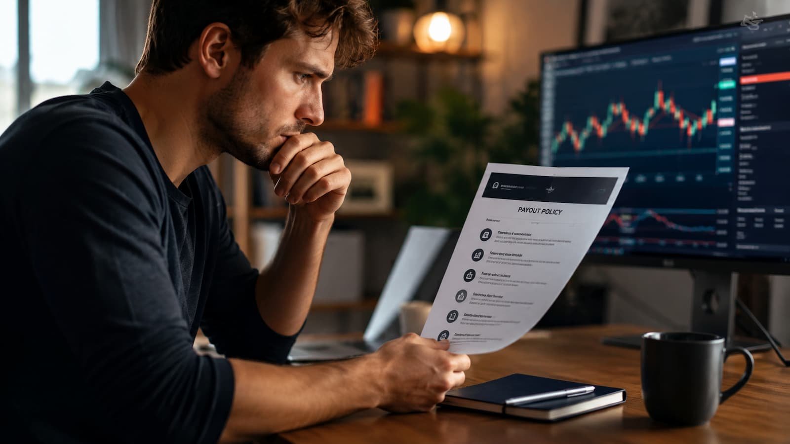 Trader revisando reglas de payout antes de confiar en una prop firm