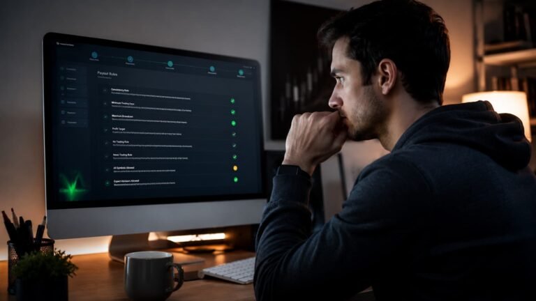 Trader revisando reglas de payout antes de pagar una prueba