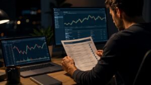 Trader revisando reglas de payout en una prop firm de acciones