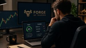 Trader revisando reglas de payout y drawdown en Forge of Traders
