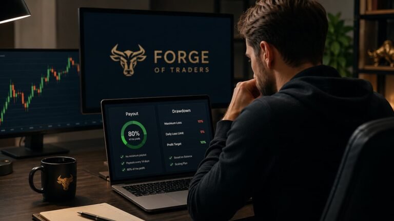 Trader revisando reglas de payout y drawdown en Forge of Traders