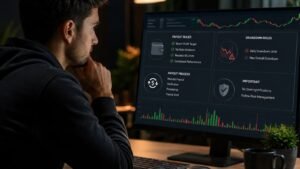 Trader revisando reglas de payout y drawdown en una cuenta de futuros