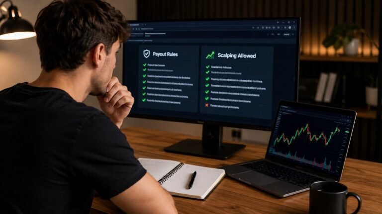 Trader revisando reglas de payout y scalping antes de comprar una prueba de fondeo
