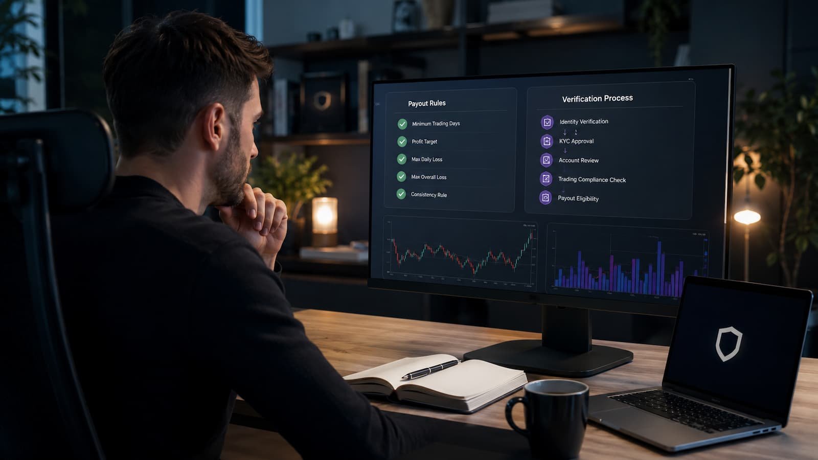 Trader revisando reglas de payout y verificación en una prop firm