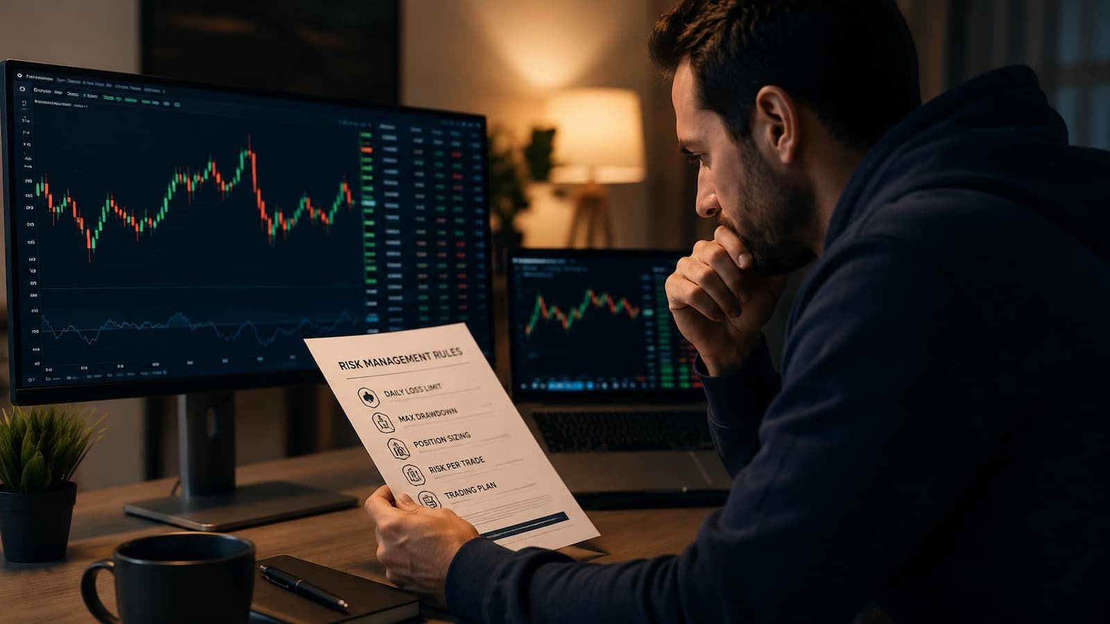 Trader revisando reglas de riesgo en una cuenta fondeada