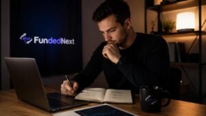 Trader revisando reglas de riesgo y margen en FundedNext