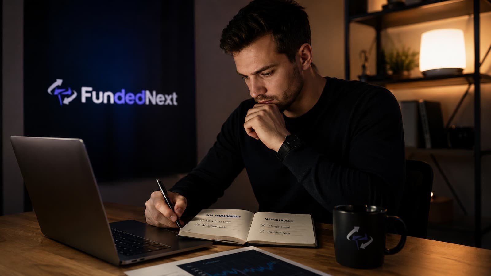 Trader revisando reglas de riesgo y margen en FundedNext