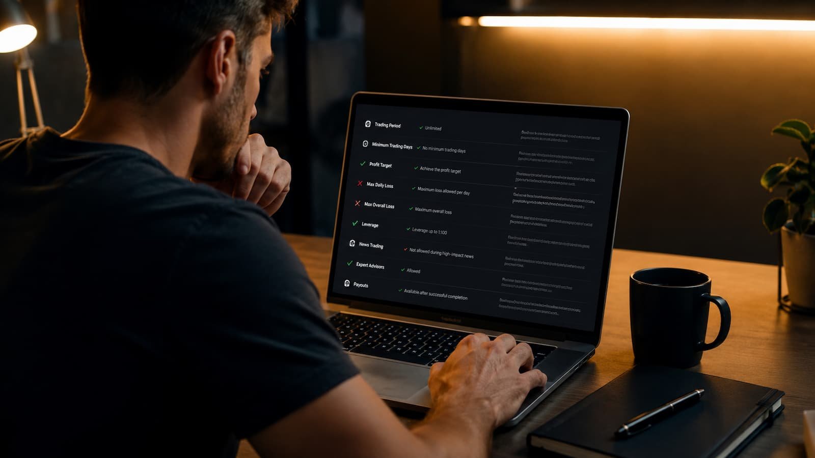 Trader revisando reglas de una prop firm antes de pagar una prueba