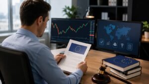 Trader revisando reglas europeas antes de usar una plataforma de predicciones