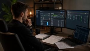 Trader revisando reglas tickets y logs antes de pedir un payout en una prop firm