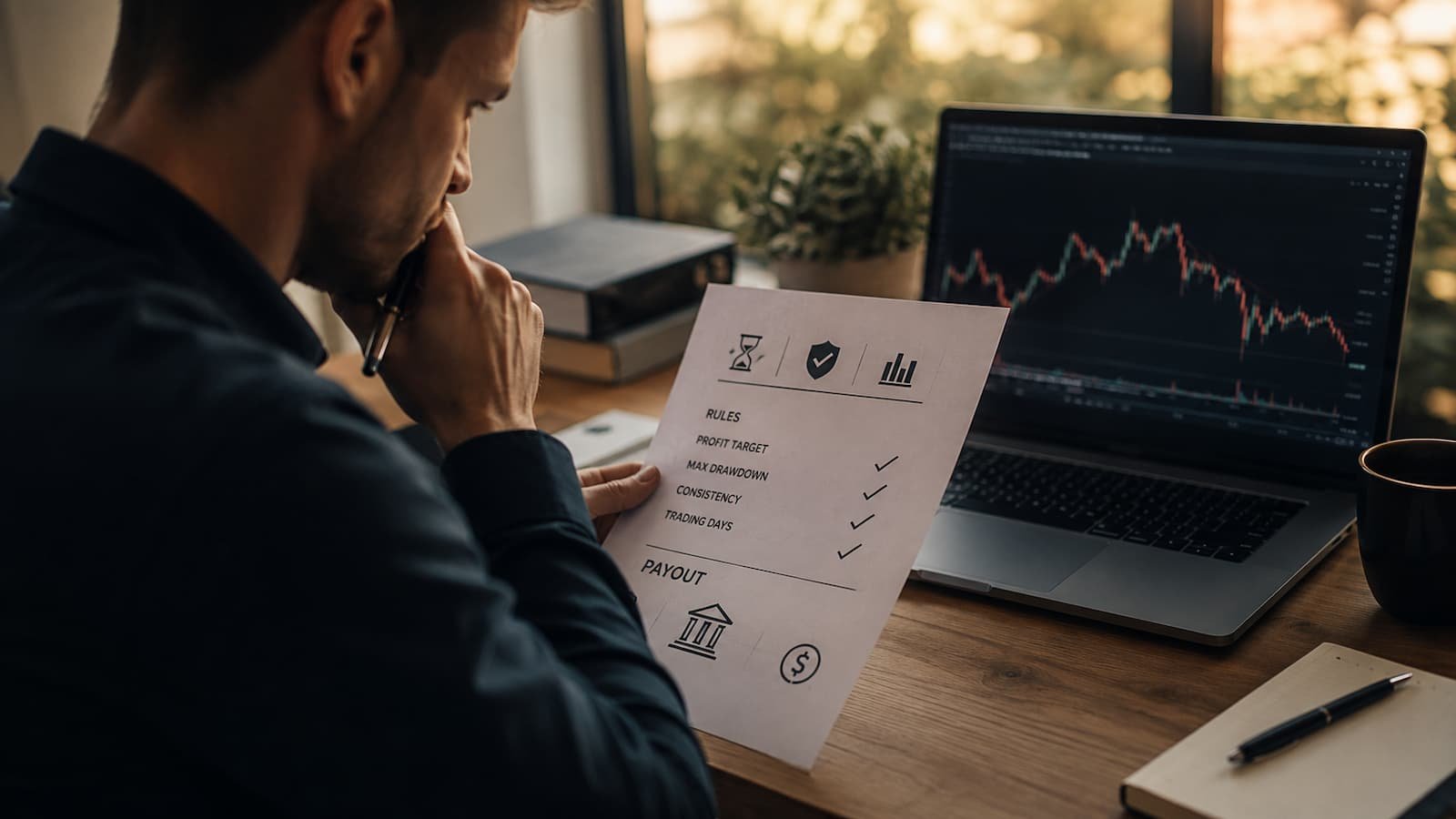 Trader revisando reglas y pagos antes de una evaluación de fondeo