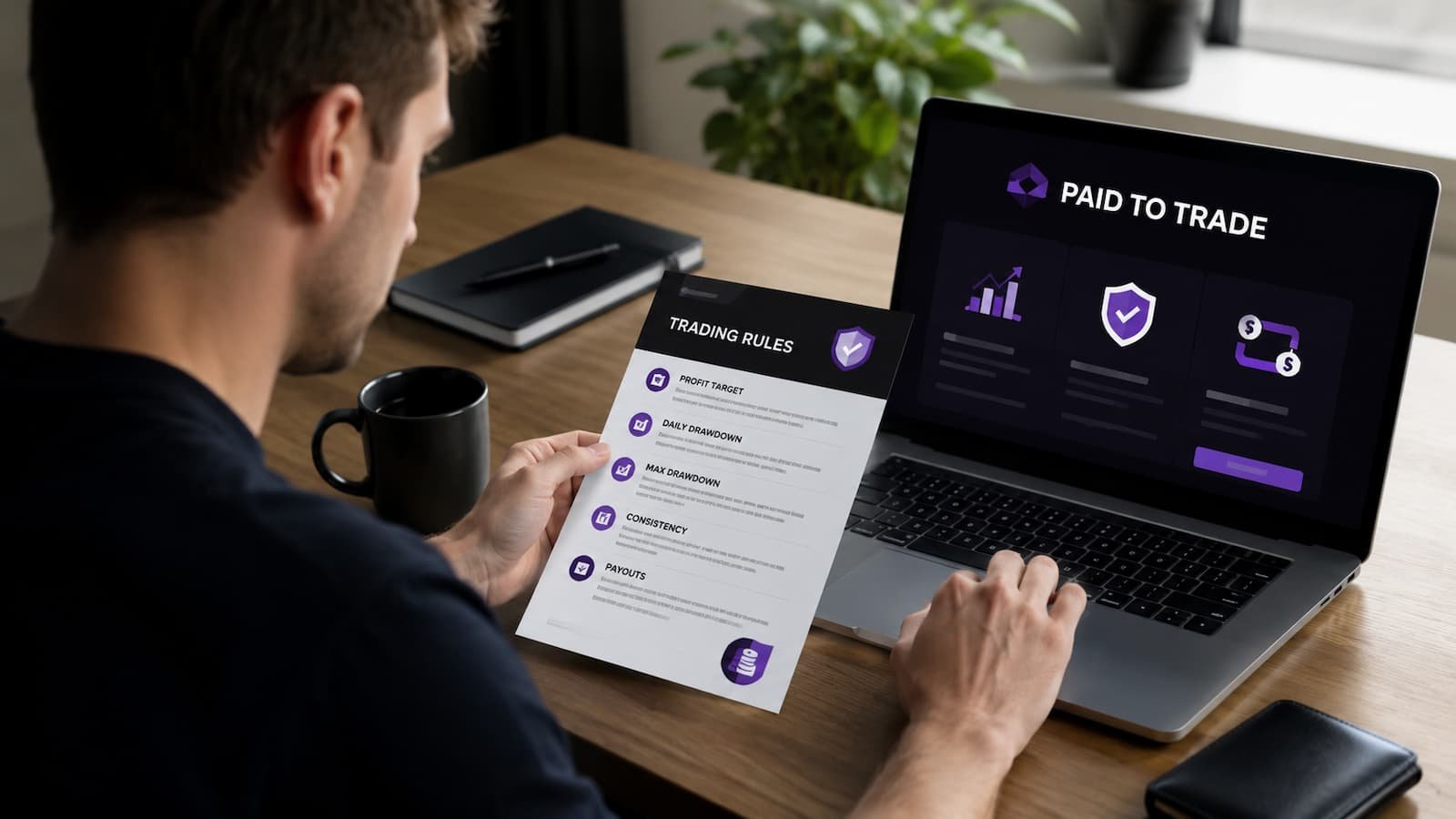 Trader revisando reglas y pagos de Paid To Trade antes de pagar una cuenta
