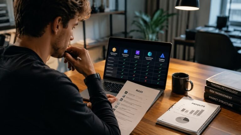 Trader revisando reglas y payouts antes de elegir una prop firm.