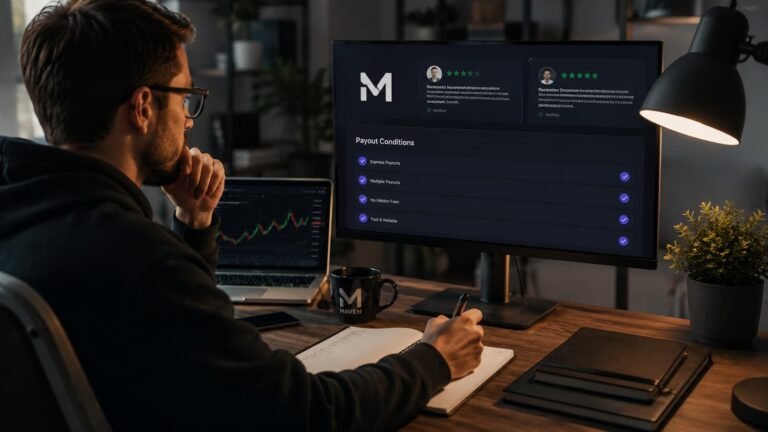 Trader revisando reseñas y condiciones de payout de Maven