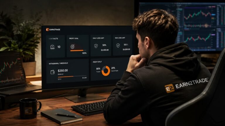 Trader revisando umbrales de retiro y profit split en Earn2Trade