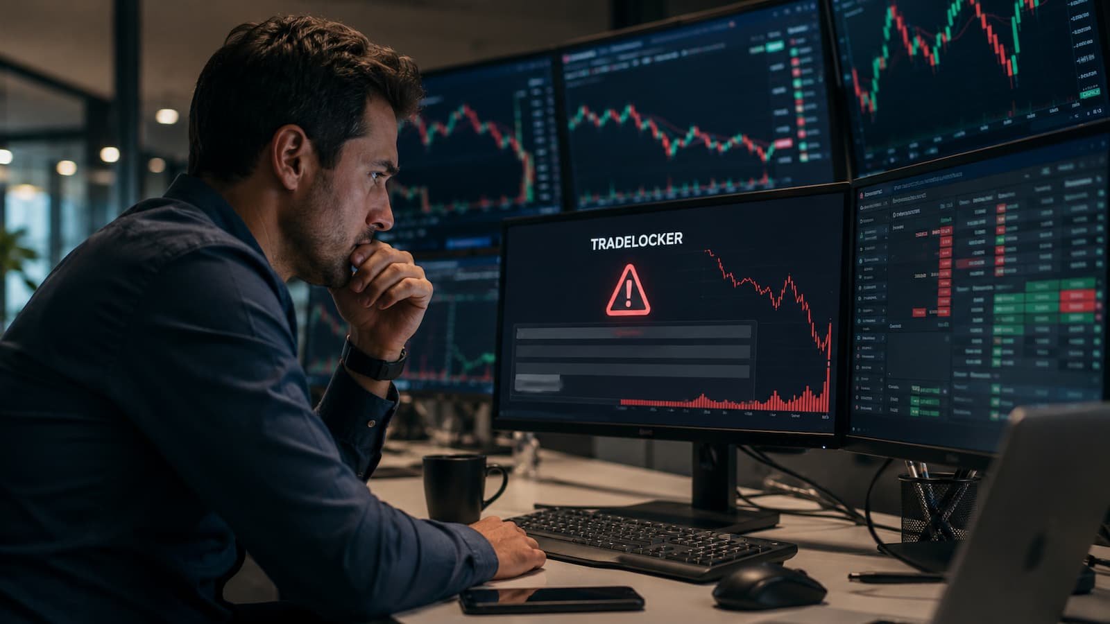 Trader revisando una incidencia de TradeLocker durante mercado