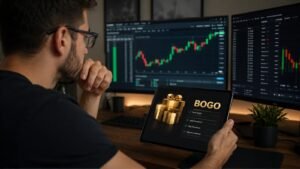 Trader revisando una promoción BOGO y condiciones de payout