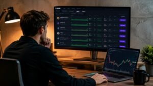 Trader revisando varias cuentas de TopstepX antes de copiar operaciones