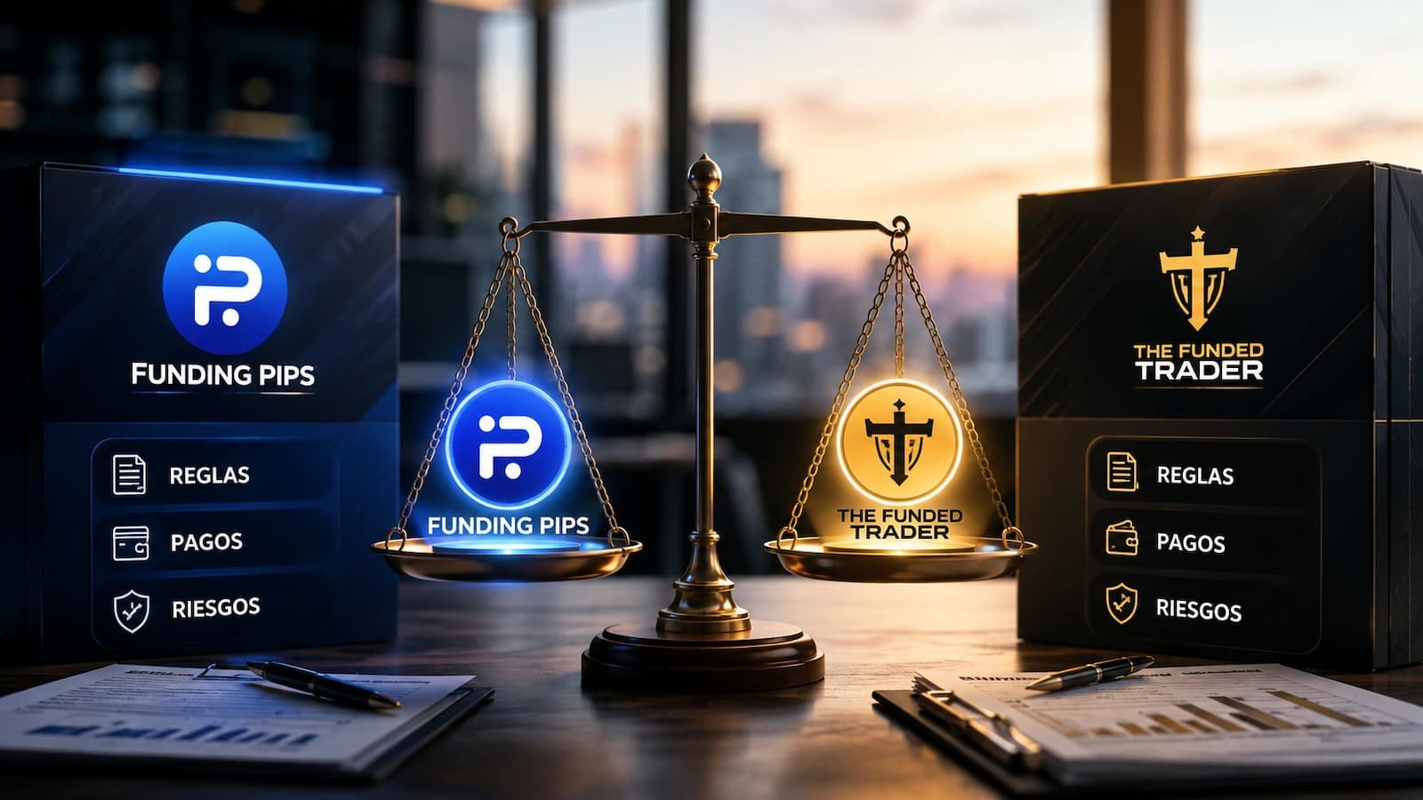Comparativa de reglas pagos y riesgos entre Funding Pips y The Funded Trader.