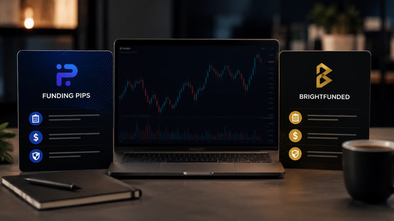 Funding Pips y BrightFunded comparadas por reglas pagos y drawdown.