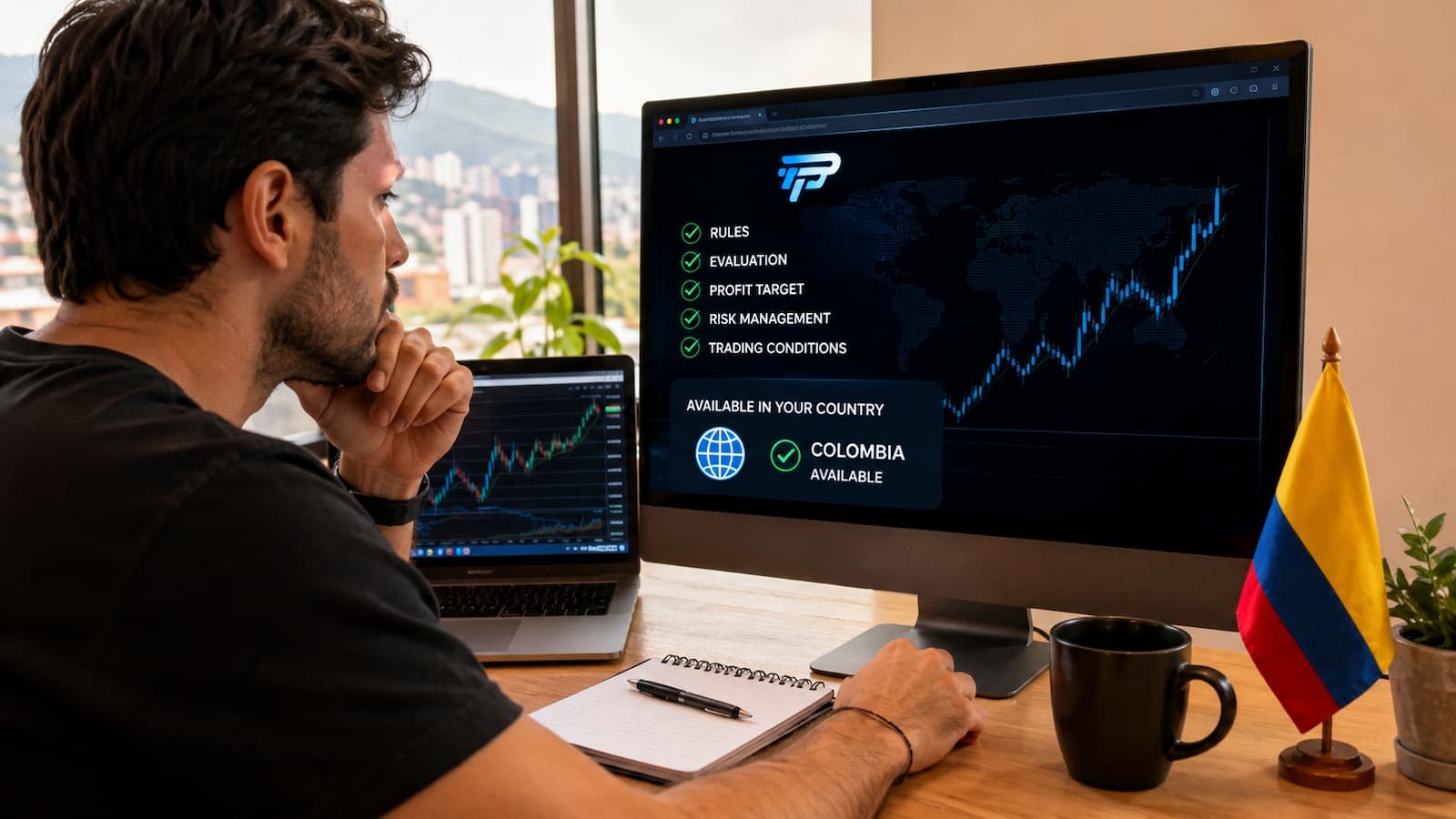 Trader colombiano revisando reglas y disponibilidad de Funding Pips