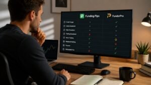 Trader compara reglas de Funding Pips y FunderPro antes de pagar una prueba.