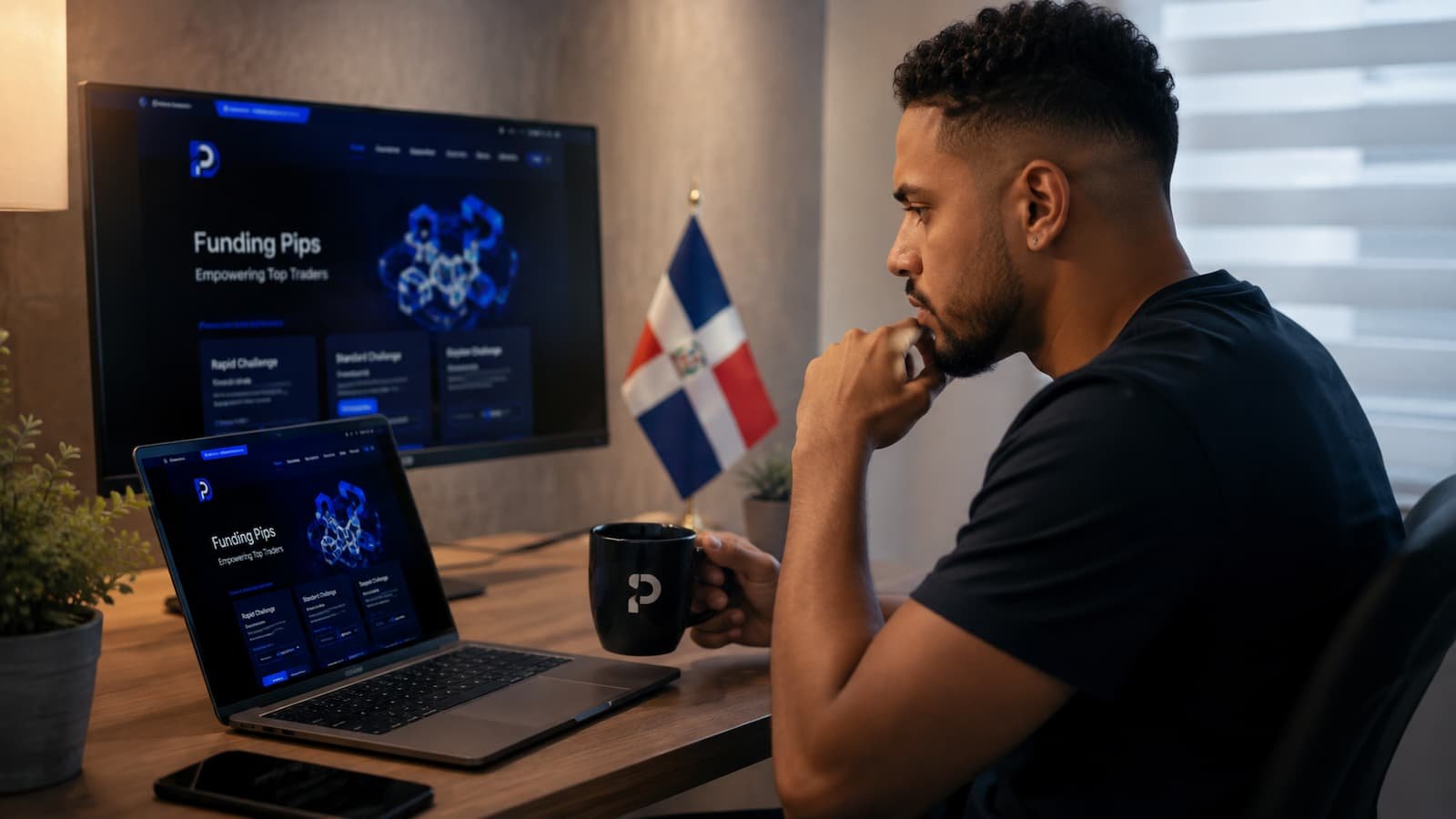 Trader dominicano revisando Funding Pips antes de pagar una prueba