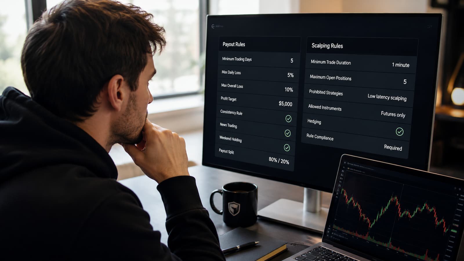 Trader revisa reglas de payout y scalping en una cuenta de futuros