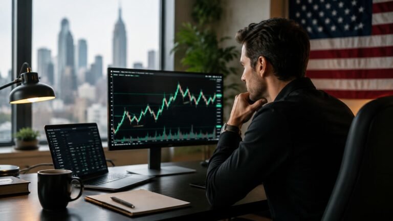 Trader revisando Funding Pips desde Estados Unidos