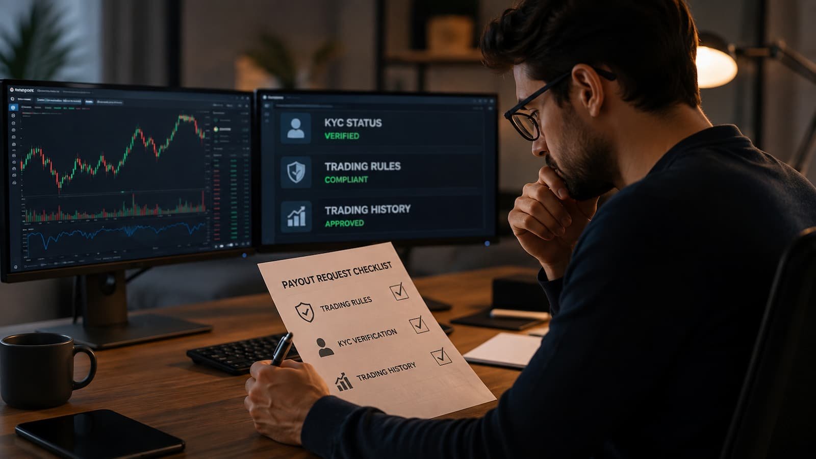 Trader revisando reglas KYC e historial antes de solicitar un payout.