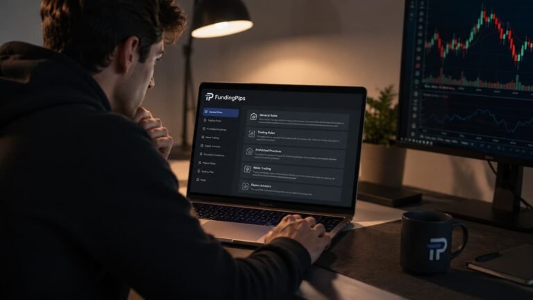 Trader revisando reglas de FundingPips antes de pagar una prueba de fondeo.