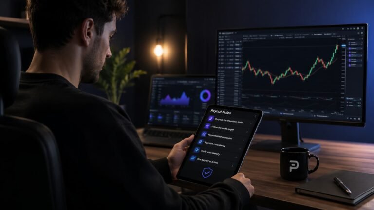 Trader revisando reglas de seguridad antes de pedir un payout en FundingPips