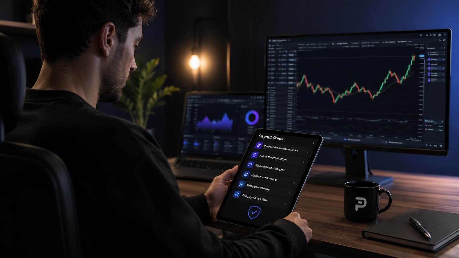 Trader revisando reglas de seguridad antes de pedir un payout en FundingPips