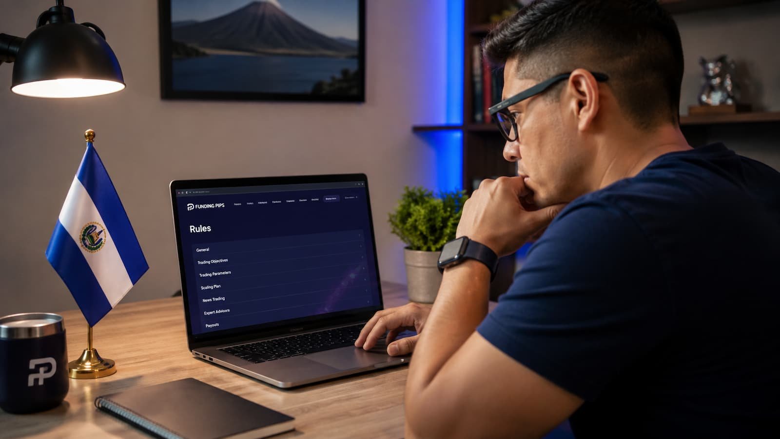 Trader salvadoreño revisando reglas de Funding Pips antes de comprar una prueba